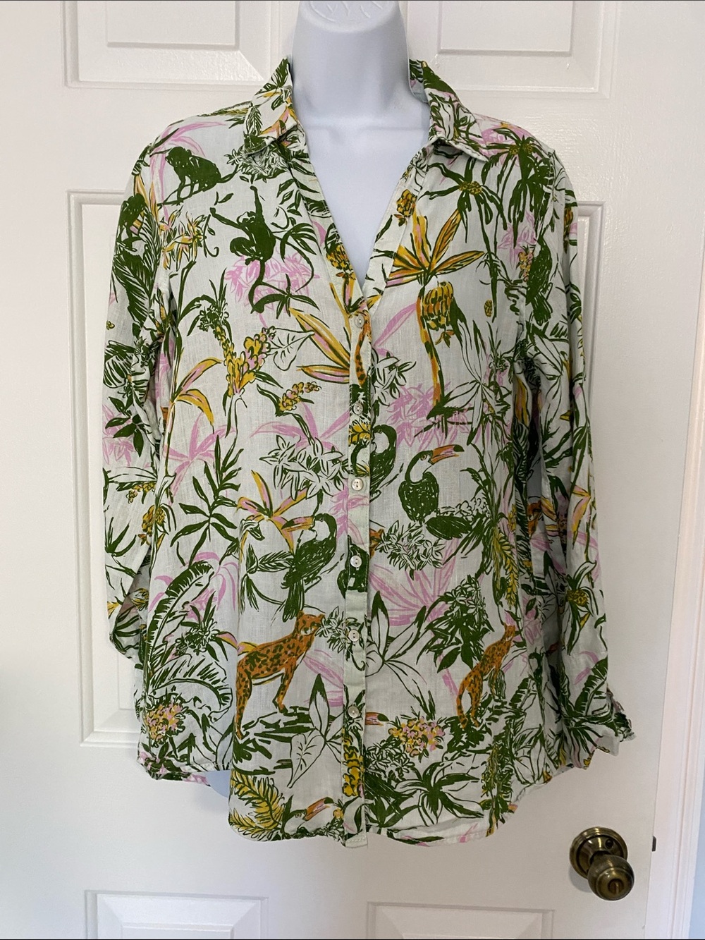 Rachel Zoe 100% Linen Tropical Botanical Jungle Print Button Up Top M